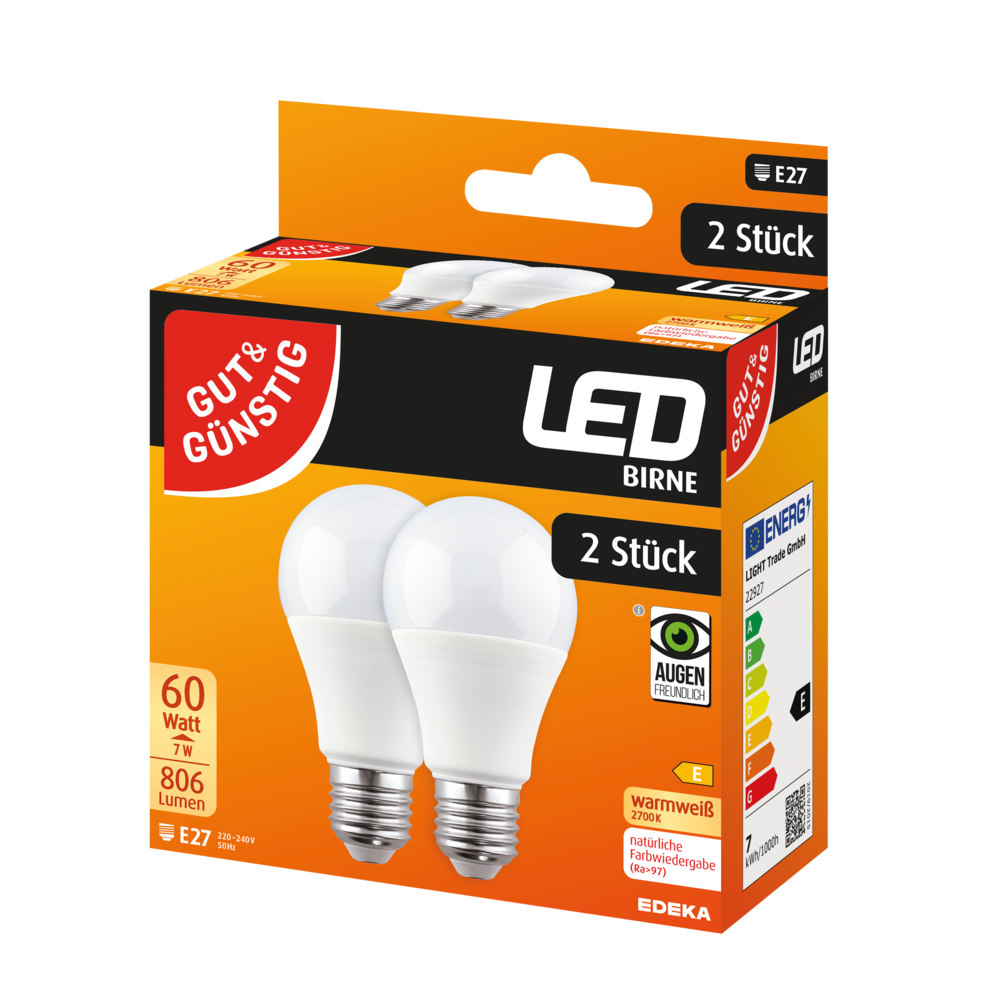LED Birne E27, 806 Lumen, 7 Watt, Doppelpack