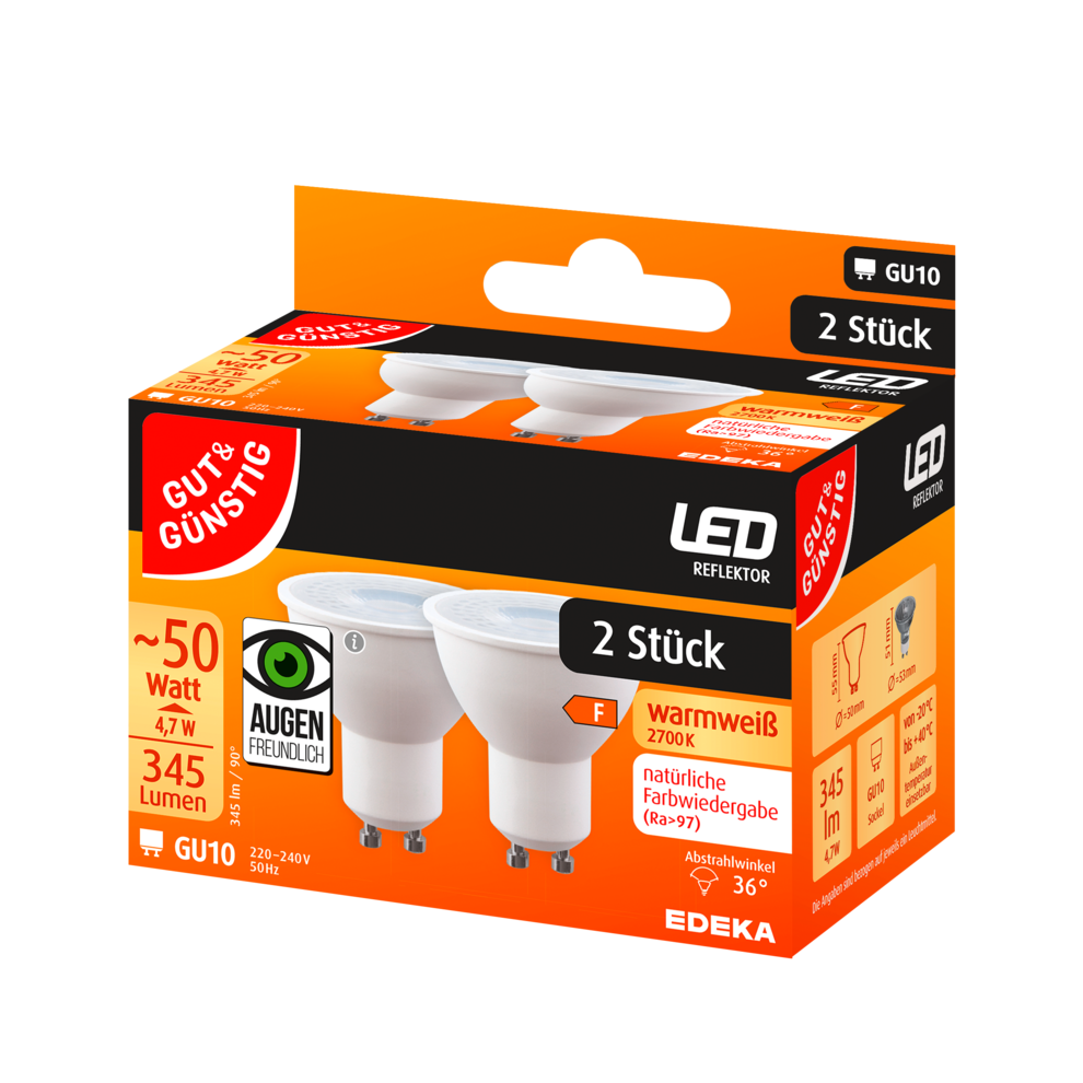 LED Reflektor GU10, 345 Lumen, 4,7 Watt, Doppelpack