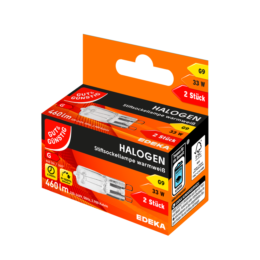 Halogen Stiftsockellampe G9, 460 Lumen, 33 Watt