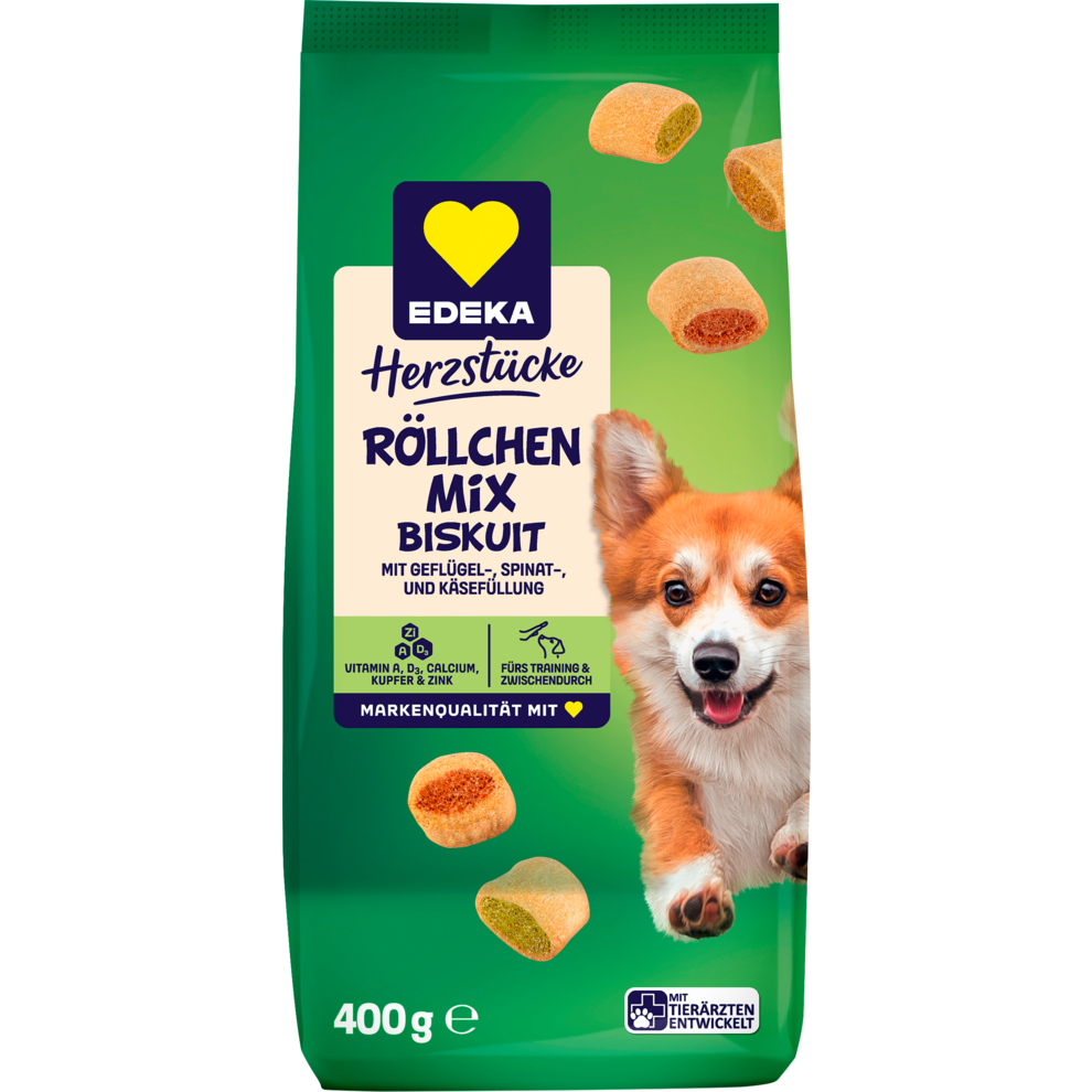 Biskuit Röllchen Mix mit Geflügel-, Spinat-, und Käsefüllung