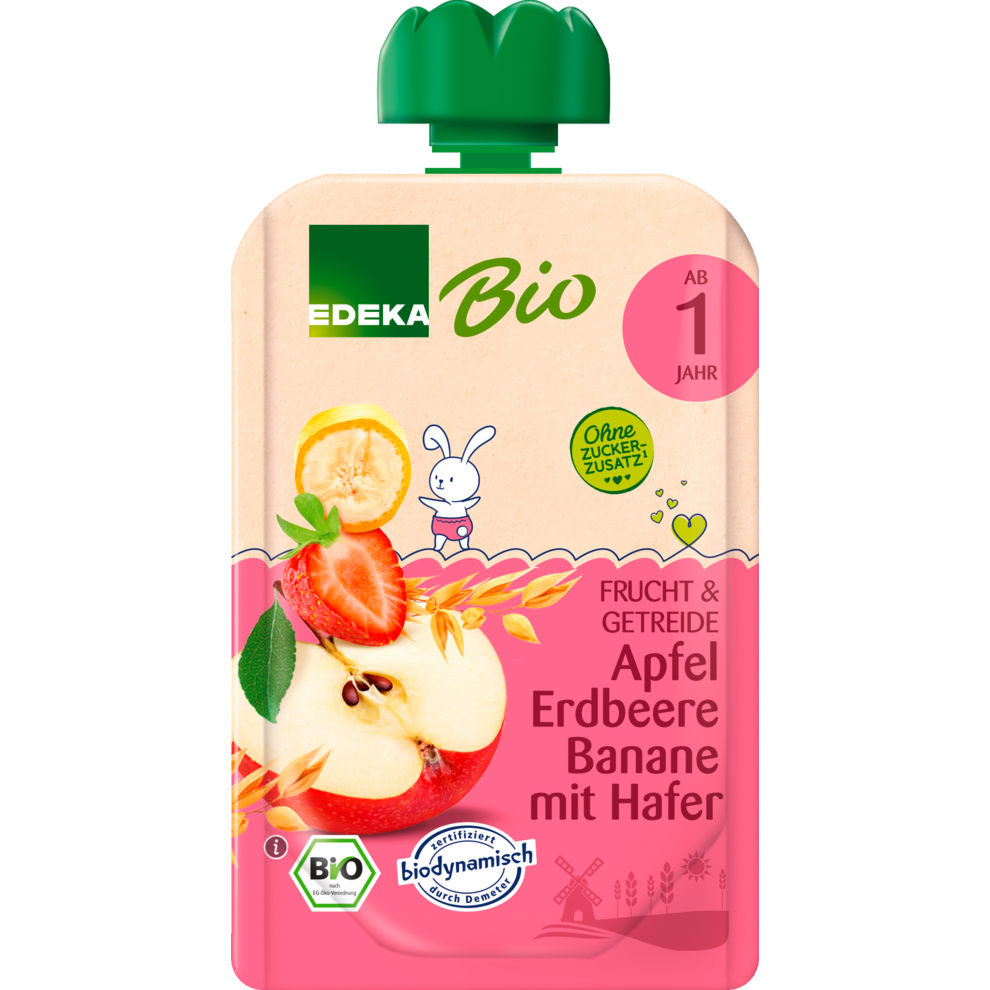 Quetschi Apfel Erdbeere Banane mit Hafer
