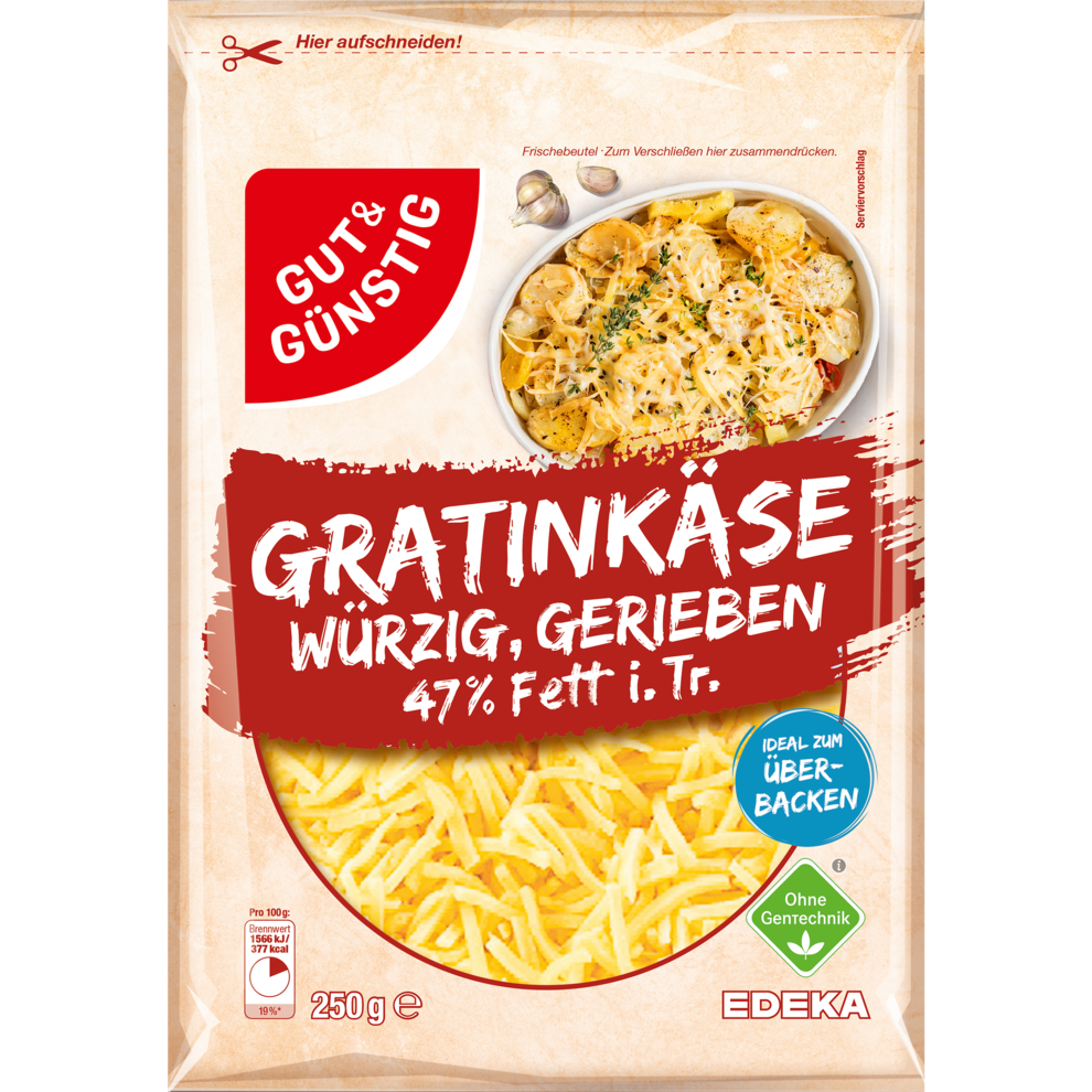 Gratinkäse würzig, gerieben 47% Fett i. Tr.