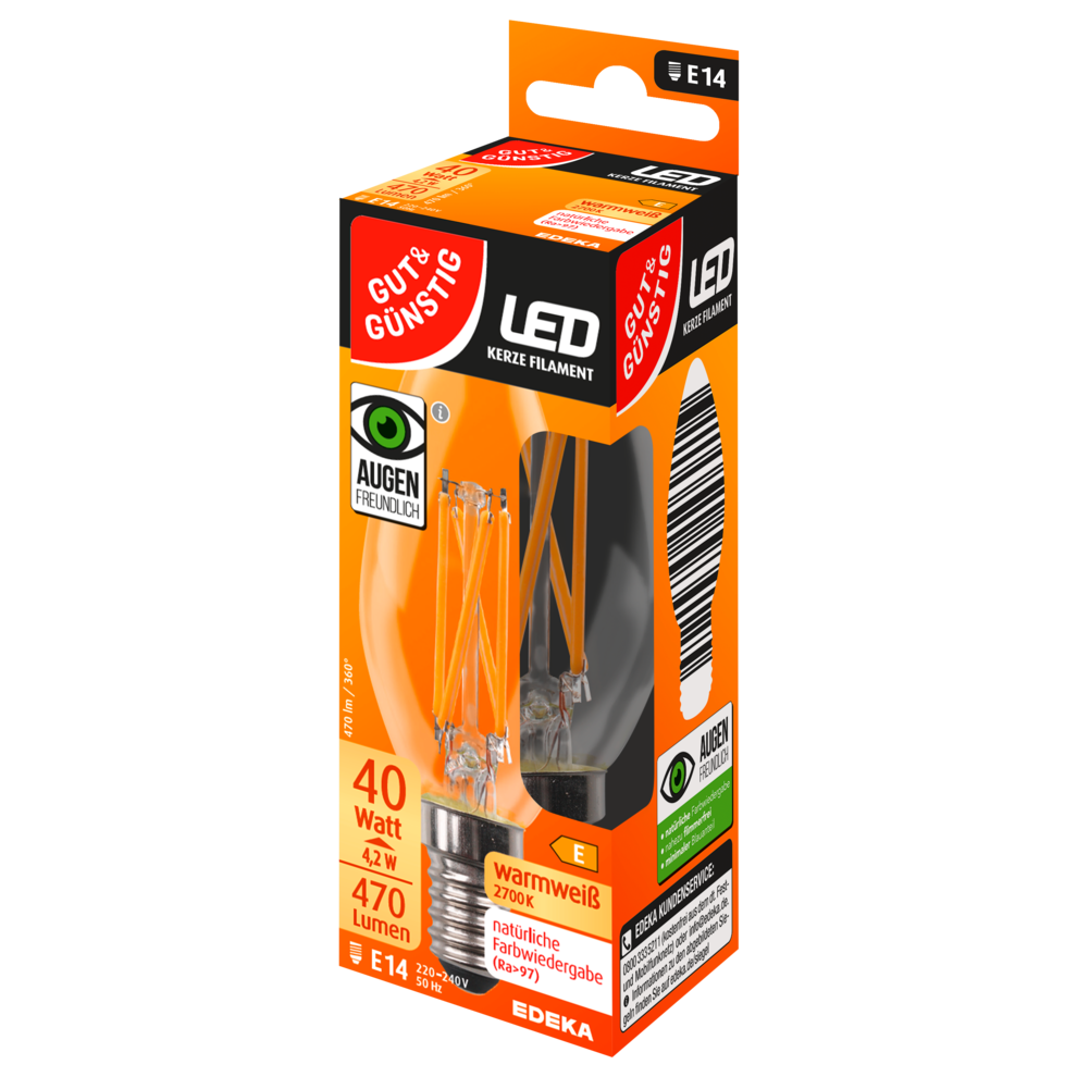 LED Filament Kerze E14, 470 Lumen, 4,2 Watt