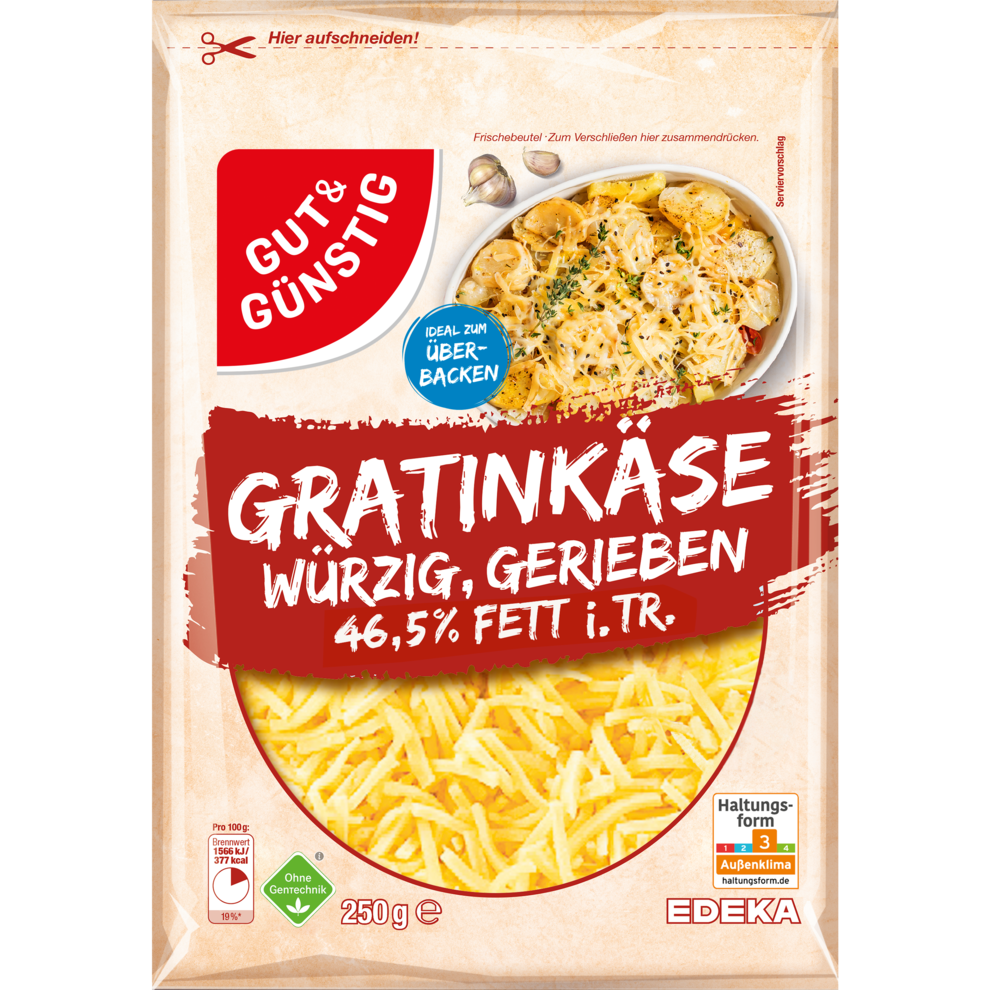 Gratinkäse würzig gerieben 47% Fett i. Tr.