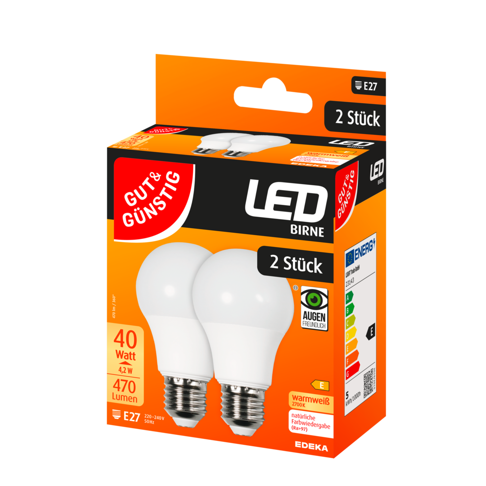 LED Birne E27, 470 Lumen, 4,2 Watt,Doppelpack
