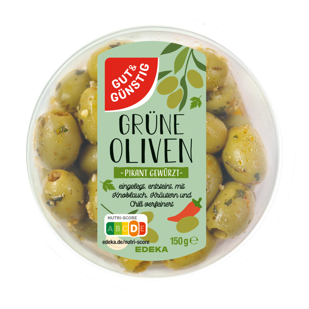 Grüne Oliven mit Kräutern und Chili